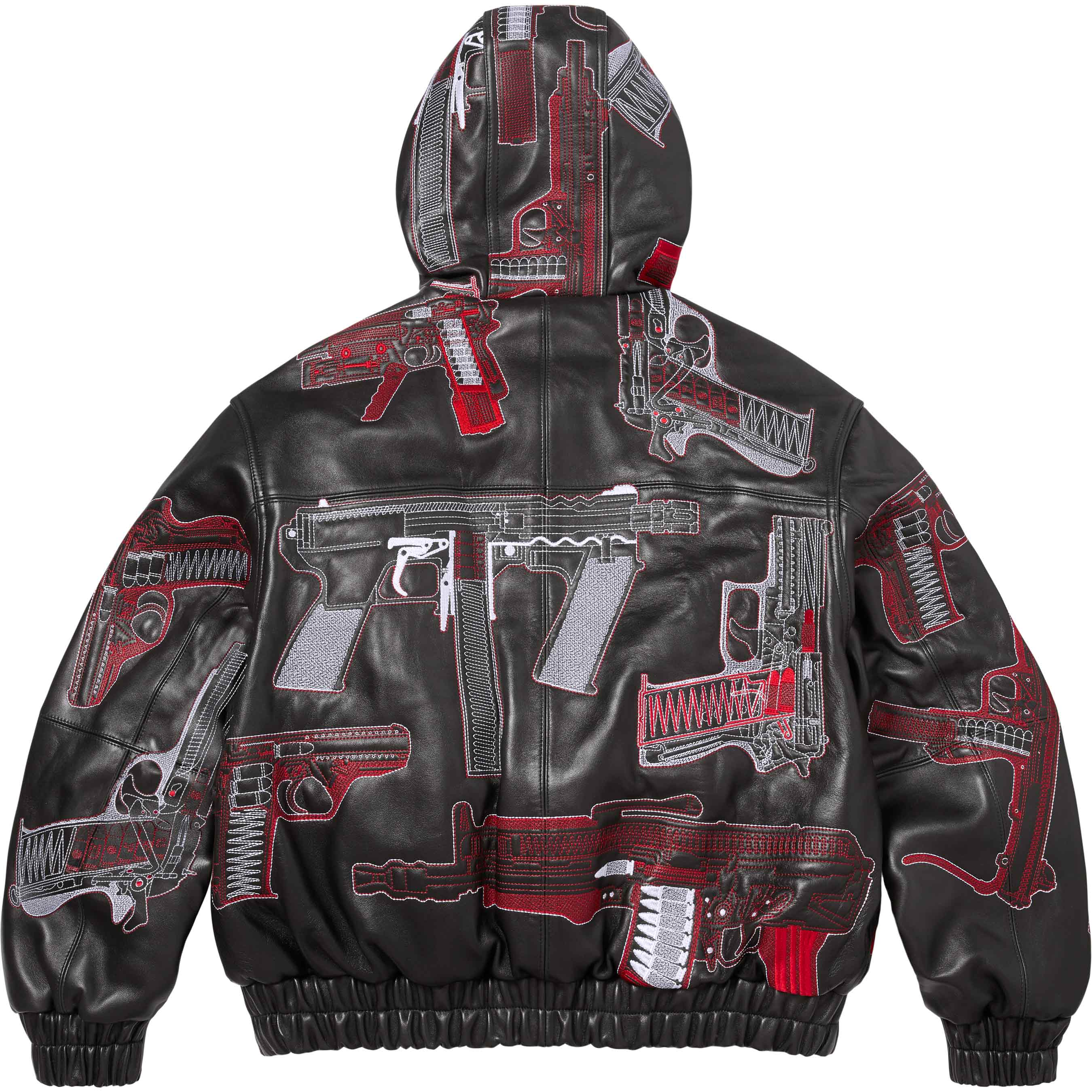 Guns Embroidered Hooded Leather Jacket view 9